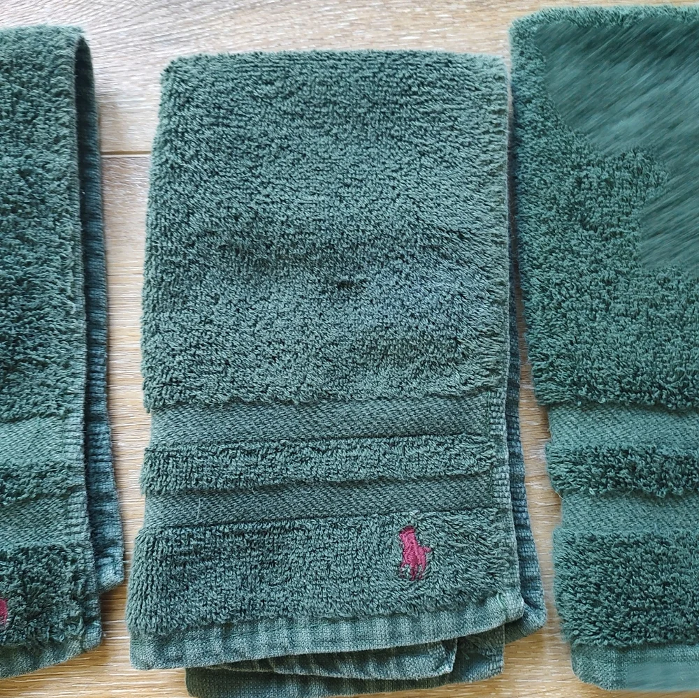 Ralph Lauren Home Vintage Polo Pony Green Hand Towels Set Of 3 Cotton USA Y2K